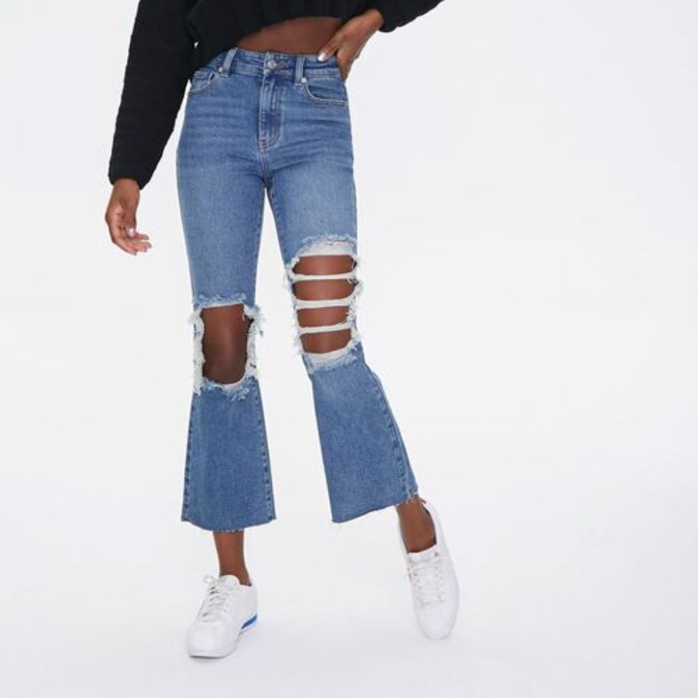Forever 21 Distressed Flare Ankle Jeans